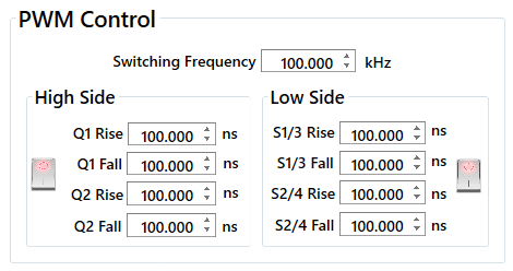 CAN tool — a custom PWM control panel: switching frequency and per-transistor high/low-side rise and fall timing