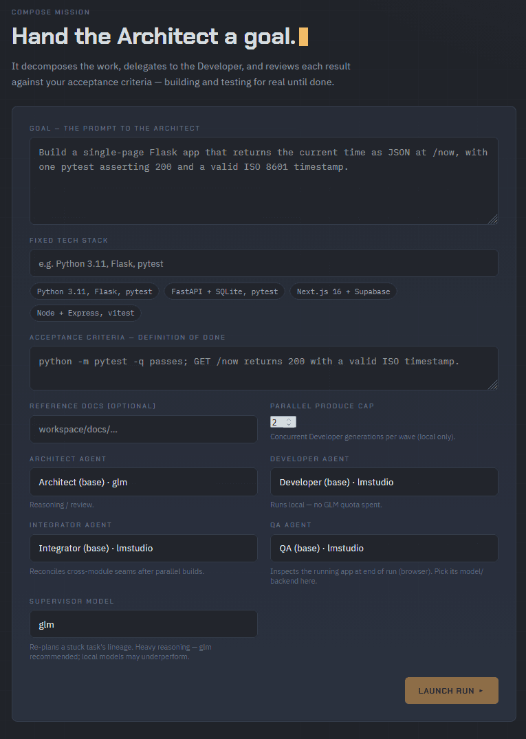 Mission Control — composing a mission: goal, tech stack, acceptance criteria, and per-role model selection