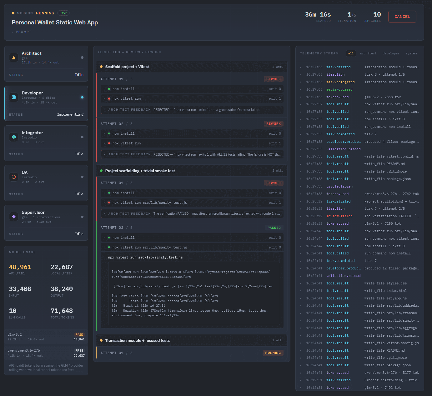 Mission Control — a live agent run with flight log, telemetry stream, and token-usage panel