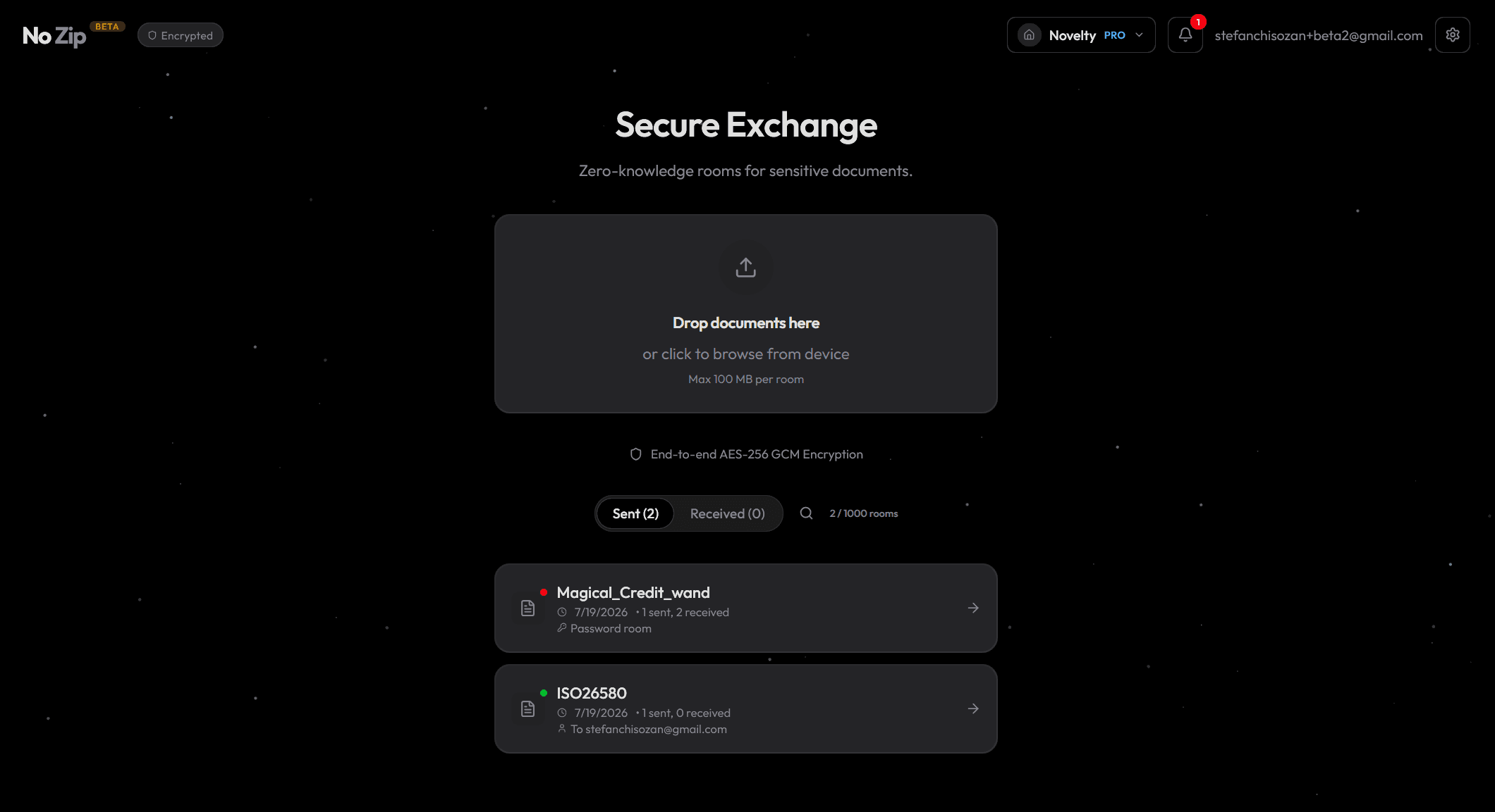 NoZip dashboard — zero-knowledge Secure Exchange rooms with drag-and-drop encrypted upload