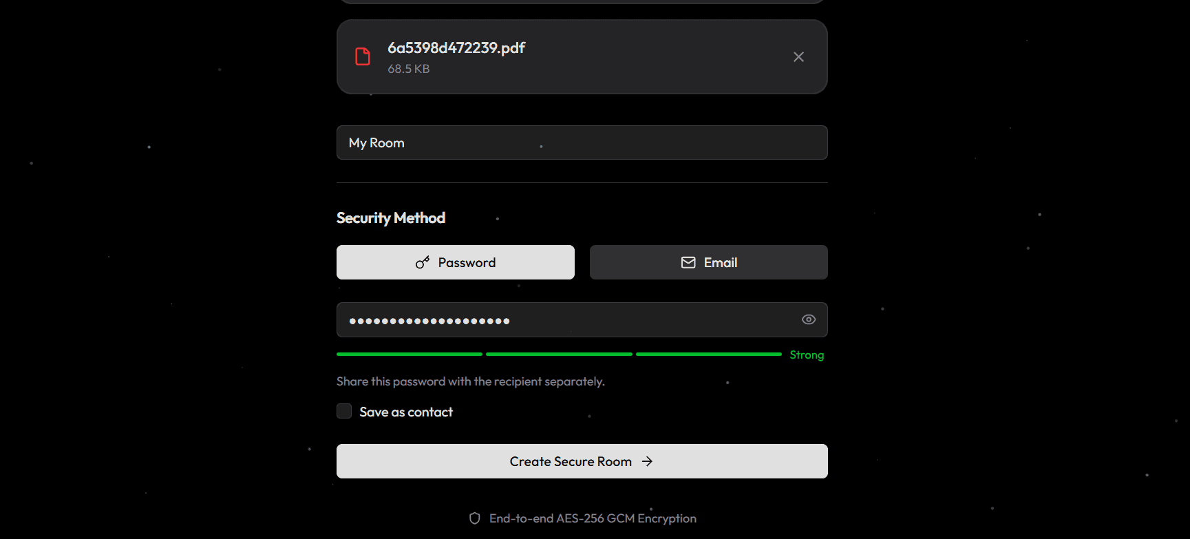 NoZip — creating a secure room: client-side password with strength metering and end-to-end AES-256-GCM encryption