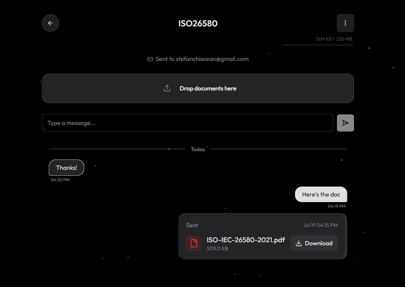 NoZip secure room — encrypted file transfer and chat